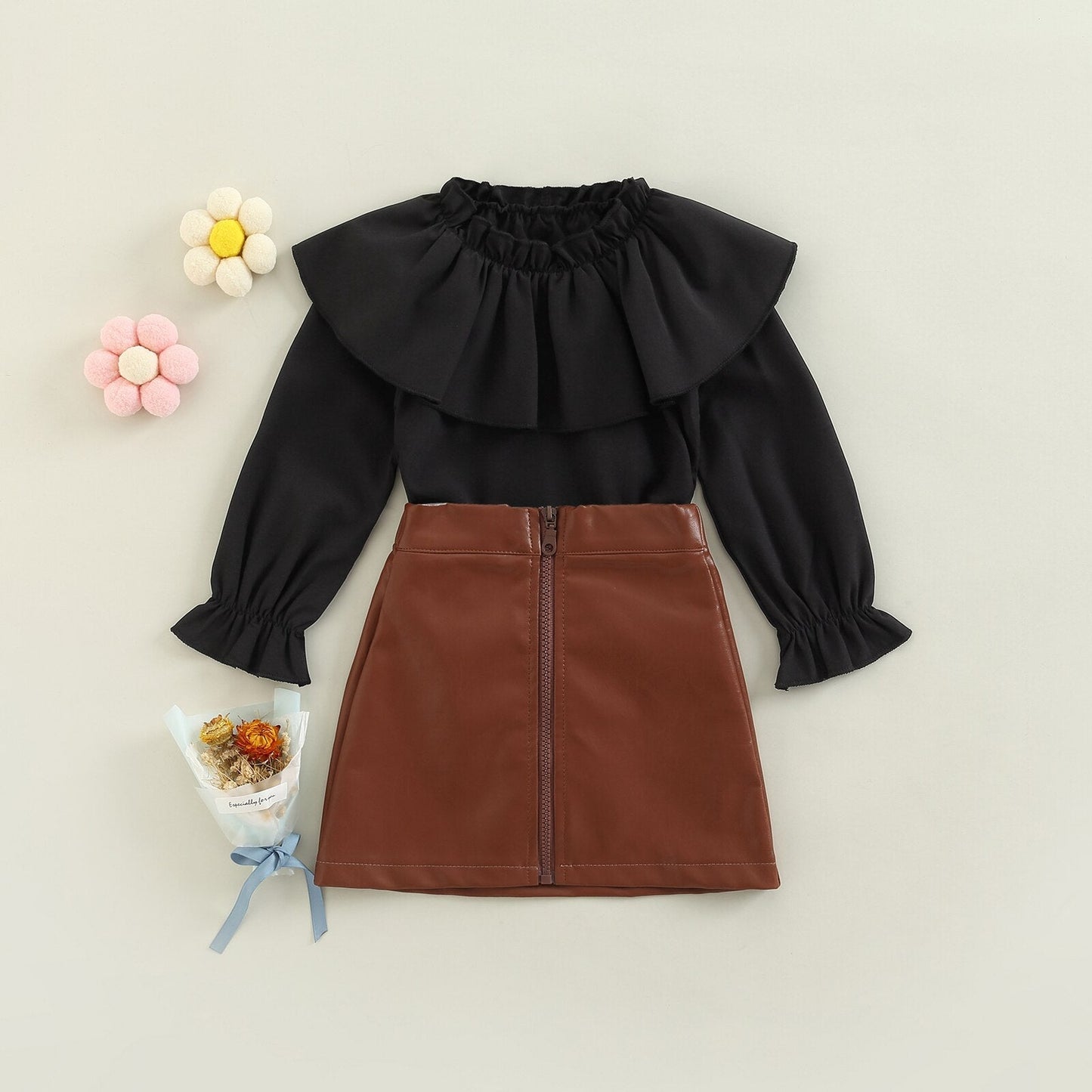 Conjunto de blusa + falda de cuero PU 18M-6T