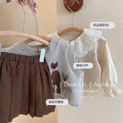 Conjunto Falda Plisada + Suéter Chaleco De Gato + Camisa Conjuntos De 3 Piezas Para Niños