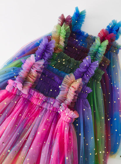Vestido Infantil Feminino Tule Neon Estrelinhas