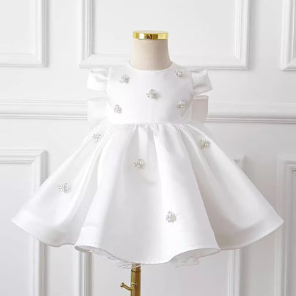 Vestido de Fiesta Infantil Perlas Blancas y Lazo