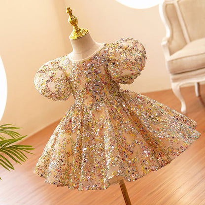 Vestido de Fiesta Infantil Pedrarias Oro + Lazo