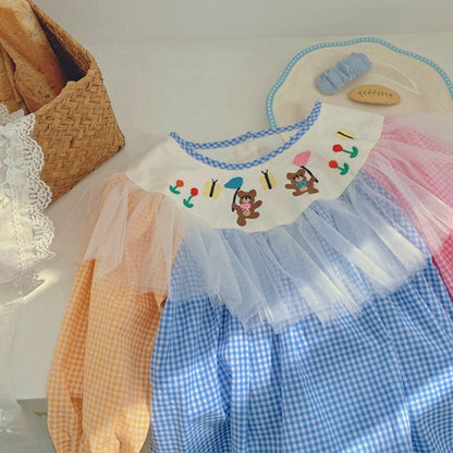 Vestido infantil con ositos de peluche a cuadros coloridos