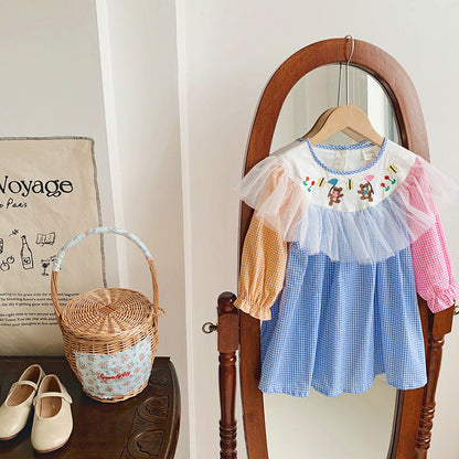 Vestido infantil con ositos de peluche a cuadros coloridos